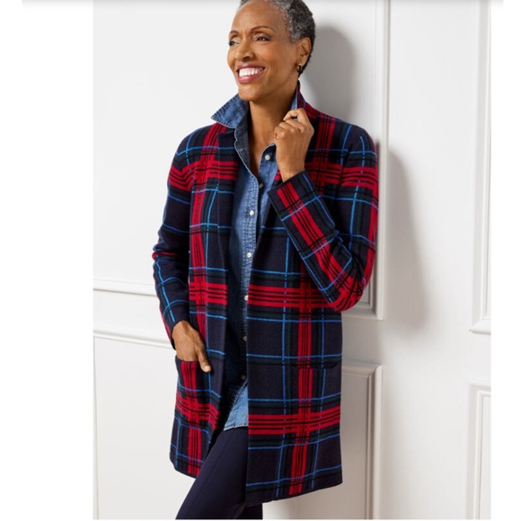 TALBOTS MERINO WOOL COATIGAN - CABIN PLAID, SMALL, OPEN FRONT - Picture 1 of 13